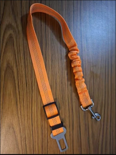 Ceinture de sécurité pour chien avec boucle universelle et clip métallique, sangle orange sur fond bois