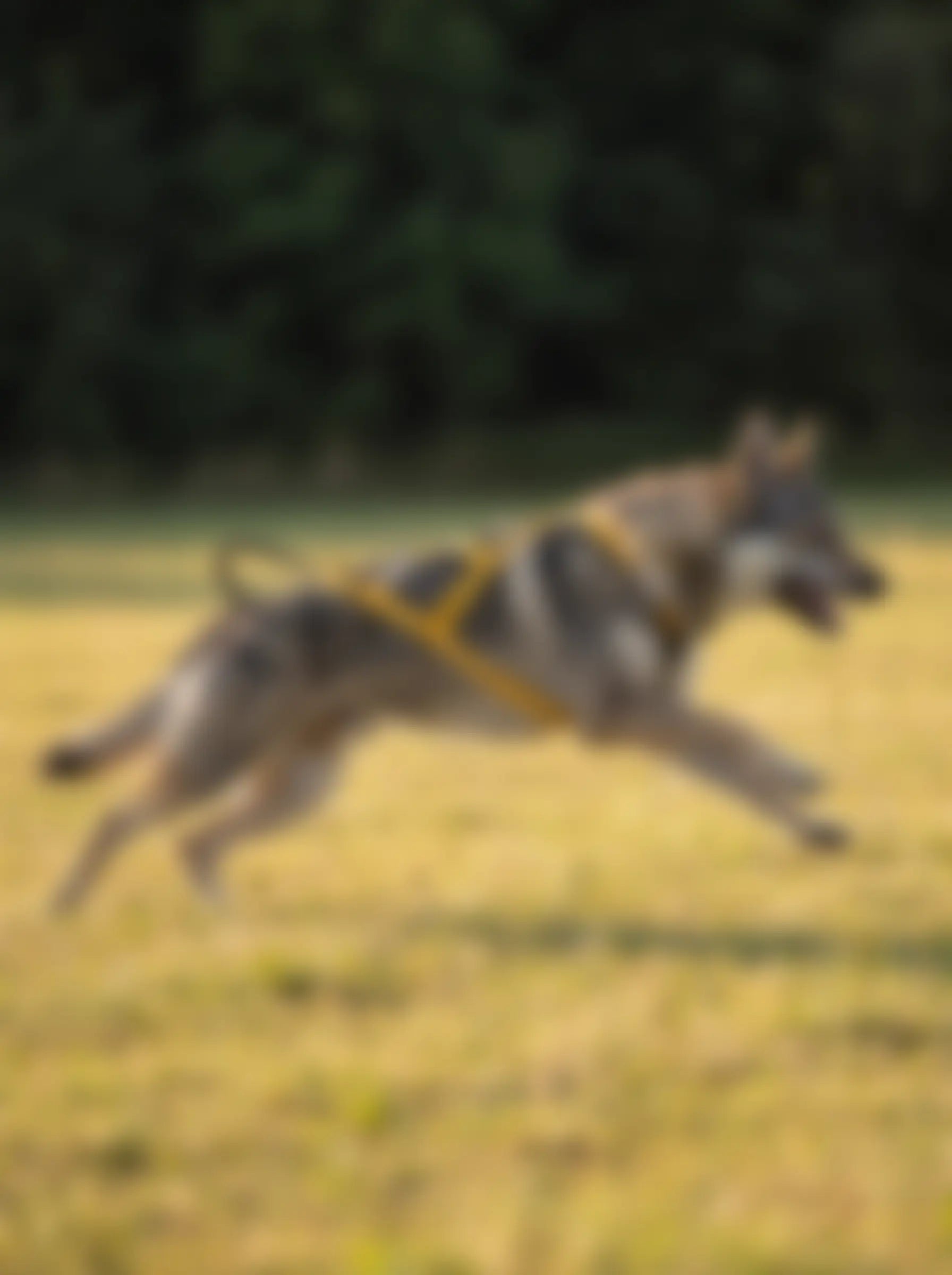 Harnais canicross chien jaune et noir porté par un chien-loup en pleine course