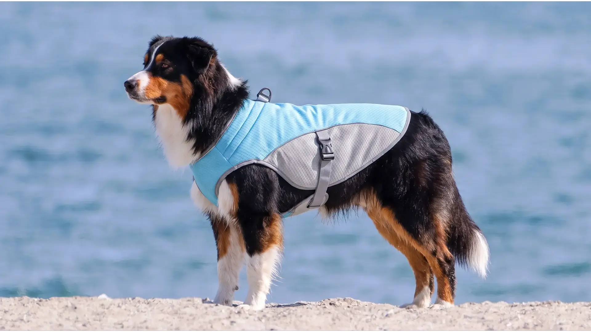Gilet rafraîchissant chien coloris bleu KARN Ice en extérieur