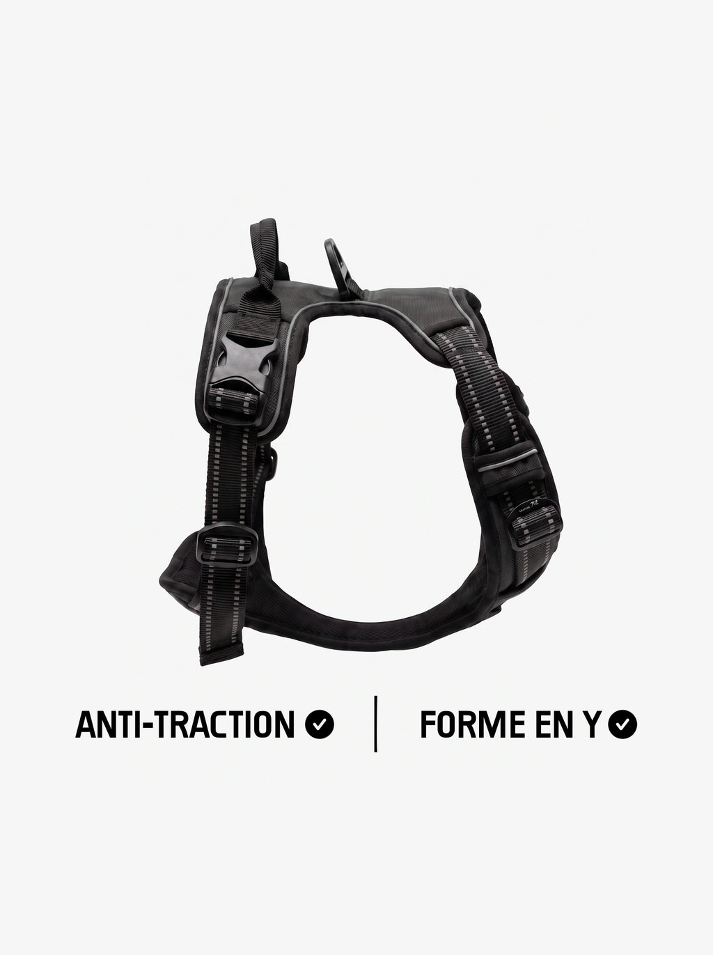 Harnais anti-traction chien noir KARN Force, forme en Y avec poignée dorsale et bandes réfléchissantes