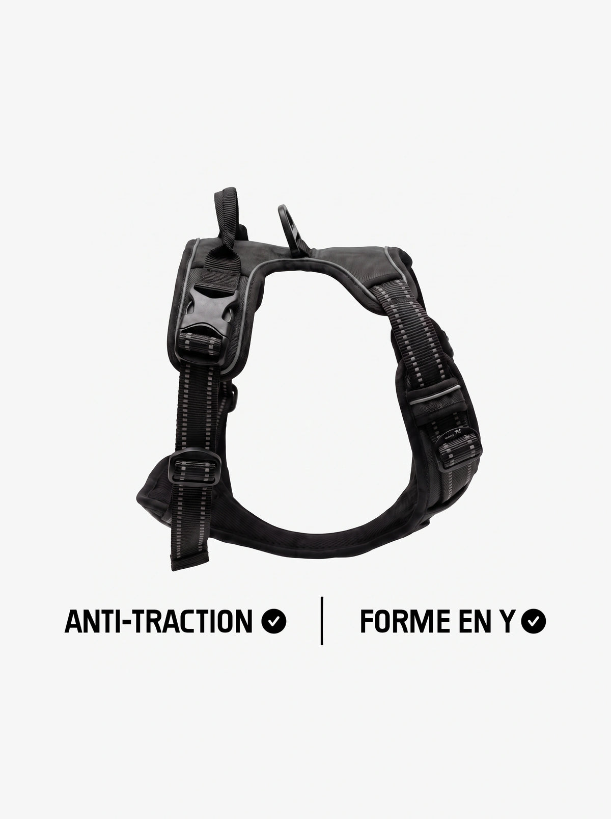 Harnais anti-traction chien noir KARN Force, forme en Y avec poignée dorsale et bandes réfléchissantes