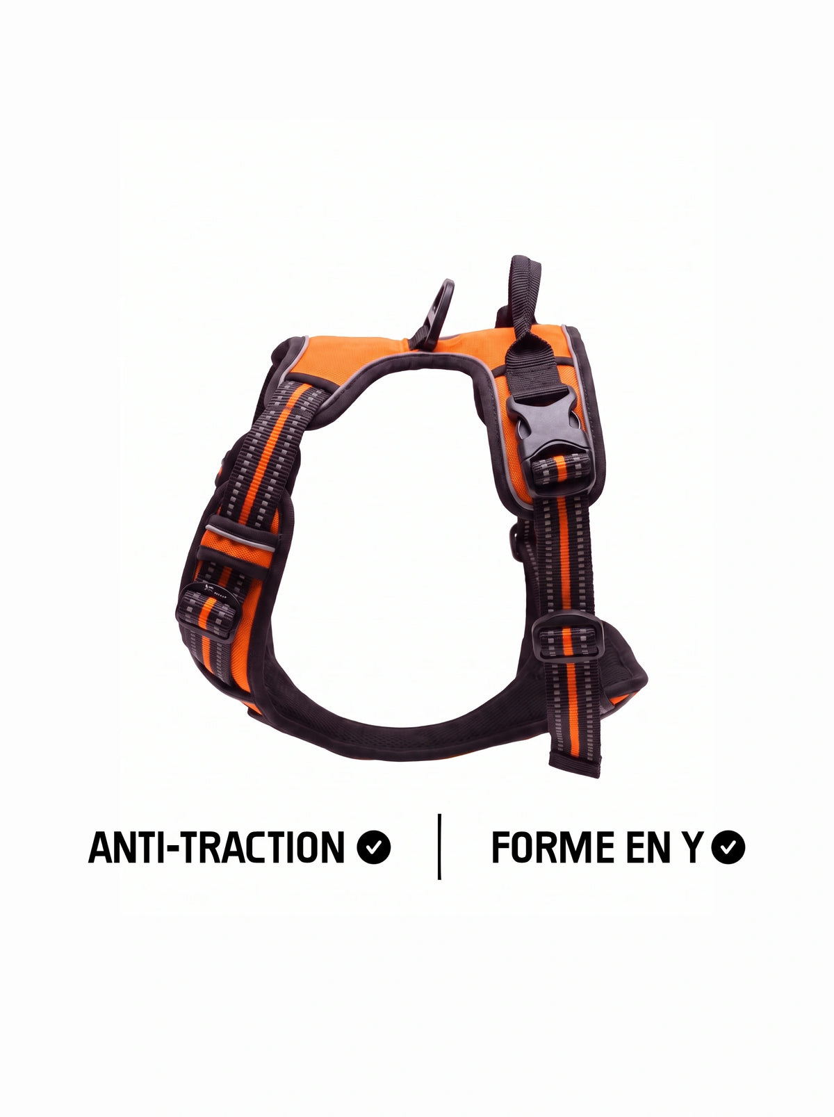 Harnais anti-traction et forme en Y pour chien KARN Force orange, vue de trois quarts avec poignée dorsale, anneau d'attache et bandes réfléchissantes