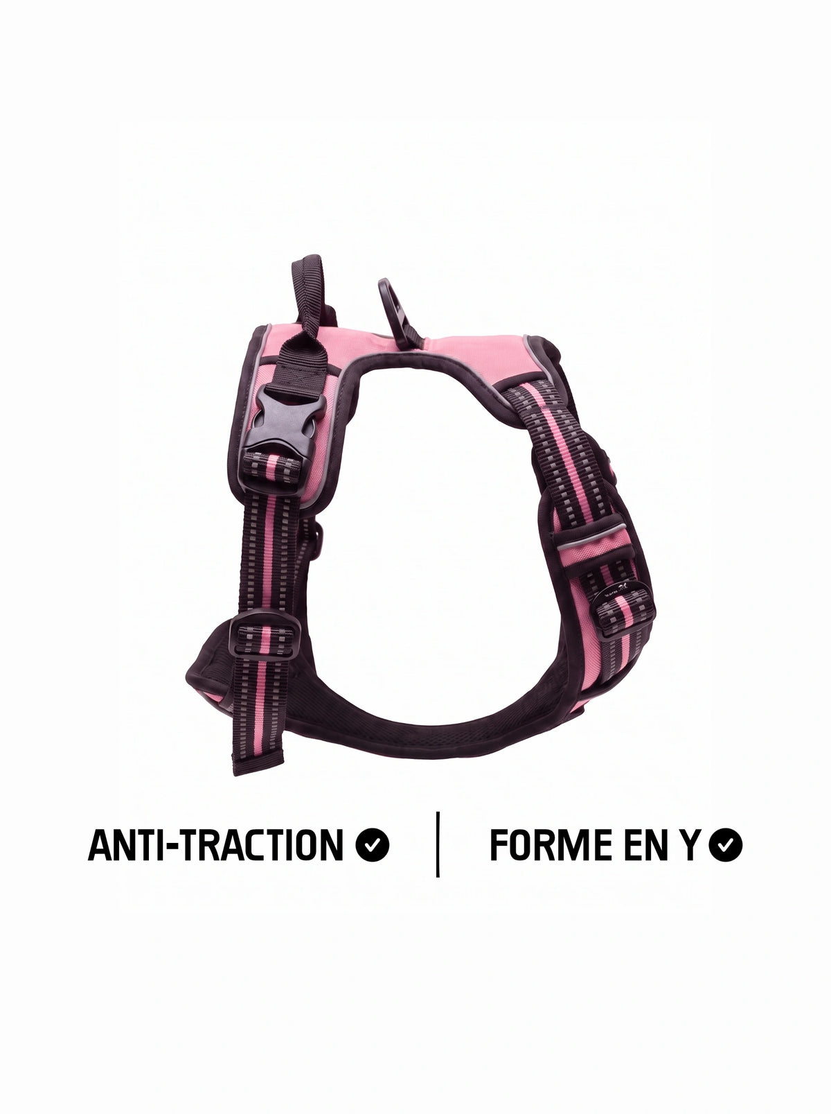 Harnais anti-traction et forme en Y pour chien KARN Force rose, vue de trois quarts avec poignée dorsale, anneau d'attache et bandes réfléchissantes