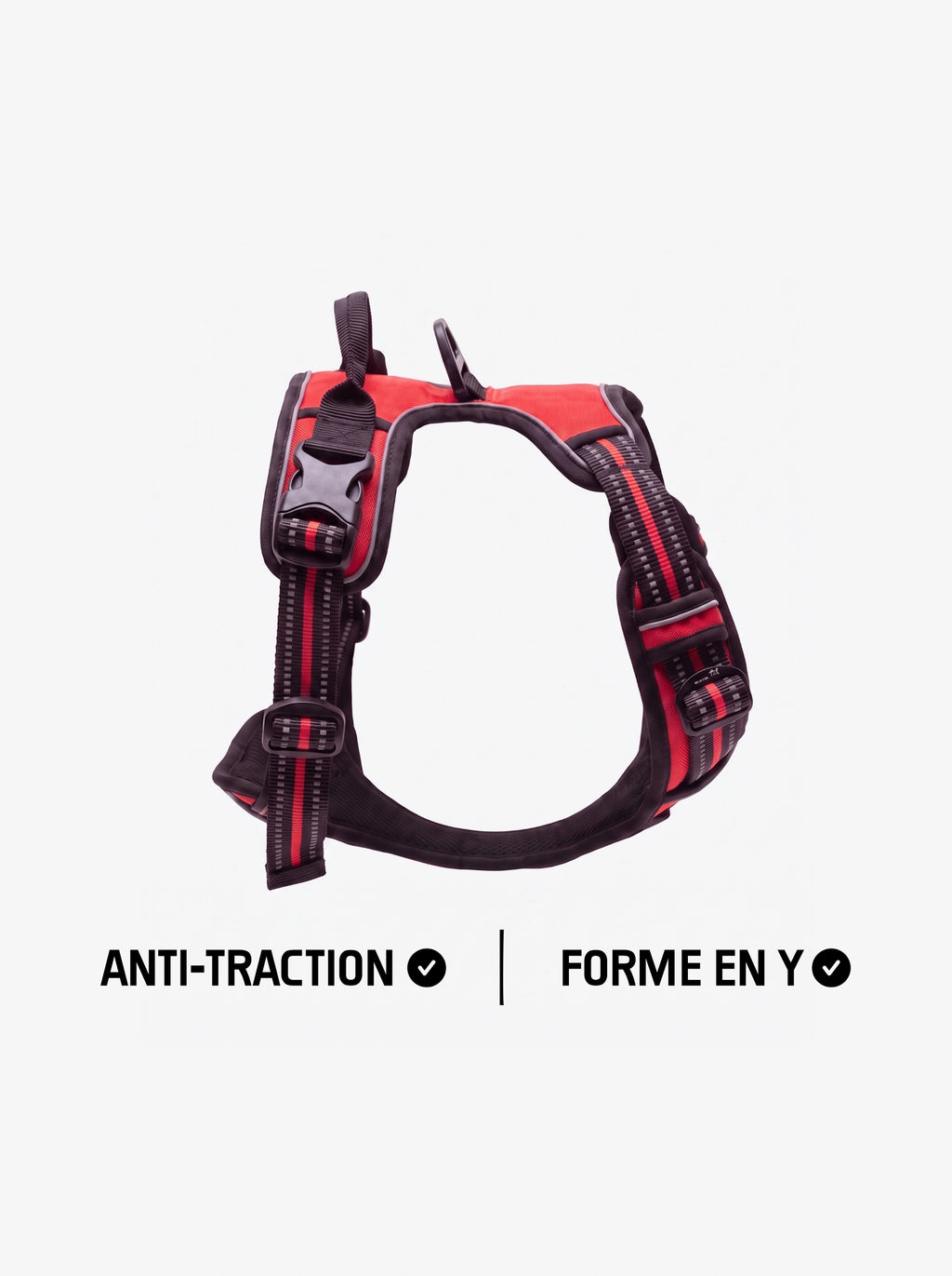 Harnais anti-traction chien rouge KARN Force, forme en Y avec poignée dorsale et bandes réfléchissantes