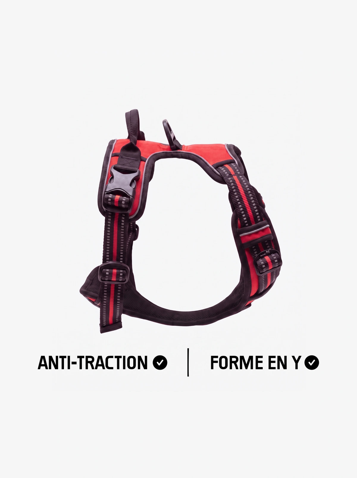 Harnais anti-traction chien rouge KARN Force, forme en Y avec poignée dorsale et bandes réfléchissantes