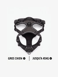 Harnais anti-traction gros chien jusqu'à 45 kg KARN Force noir, vue à plat avec poignée dorsale, anneau d'attache et bandes réfléchissantes