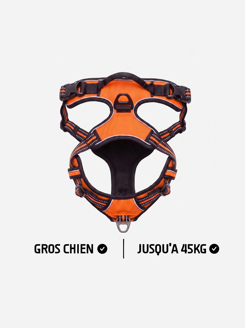 Harnais anti-traction gros chien jusqu'à 45 kg KARN Force orange, vue à plat avec poignée dorsale, anneau d'attache et bandes réfléchissantes