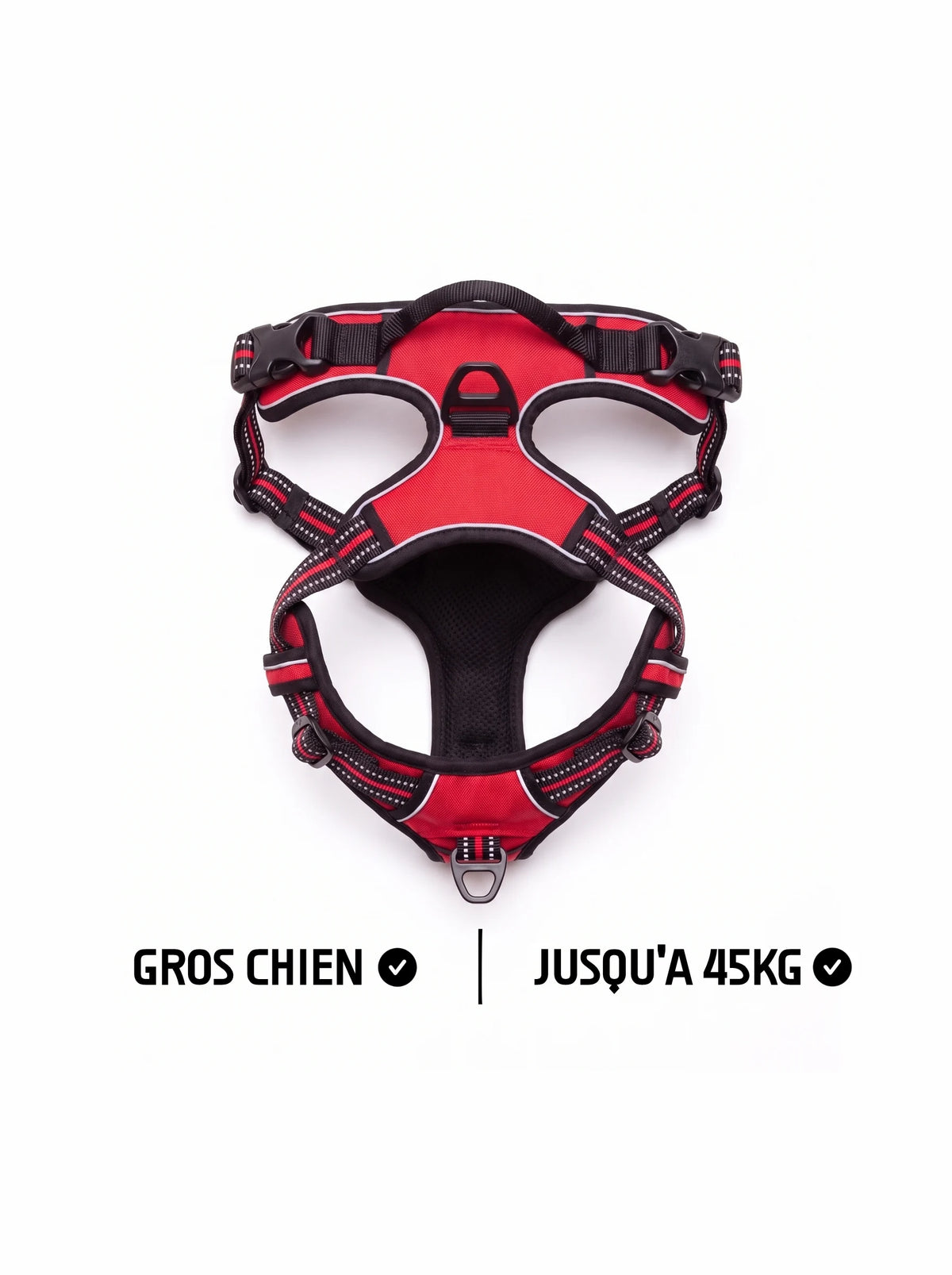 Harnais anti-traction gros chien jusqu'à 45 kg KARN Force rouge, vue à plat avec poignée dorsale, anneau d'attache et bandes réfléchissantes