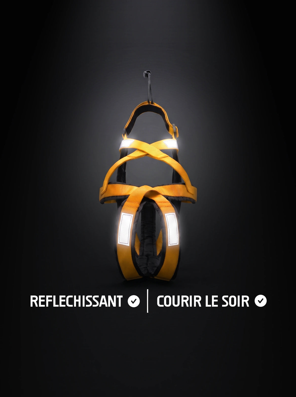 Harnais canicross chien jaune et noir avec bandes réfléchissantes qui brillent sous la lumière, pour courir le soir