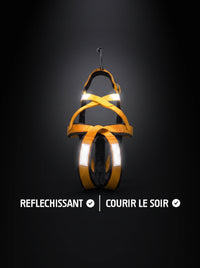 Harnais canicross chien jaune et noir avec bandes réfléchissantes qui brillent sous la lumière, pour courir le soir