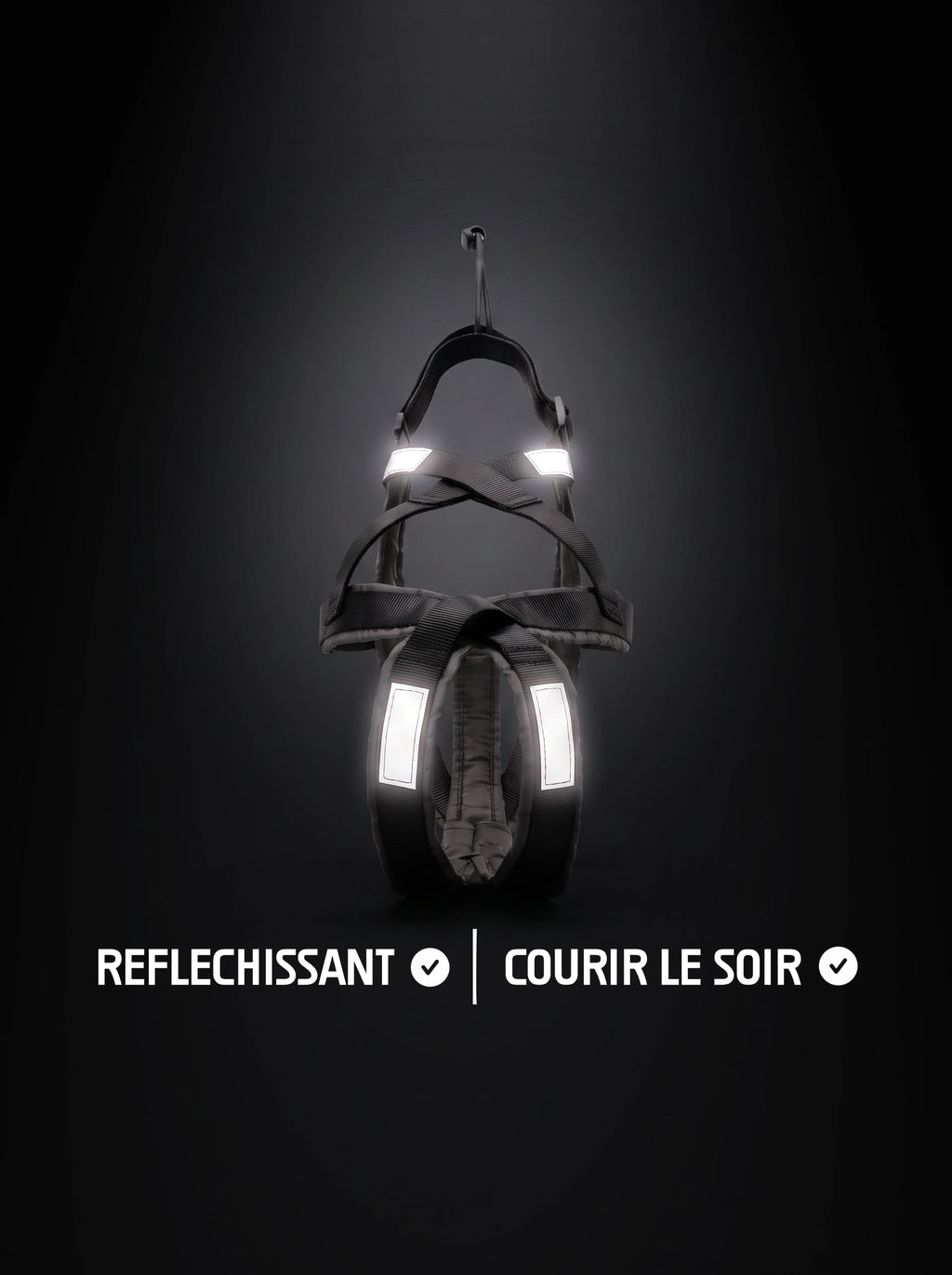 Harnais canicross chien noir avec bandes réfléchissantes qui brillent sous la lumière, pour courir le soir