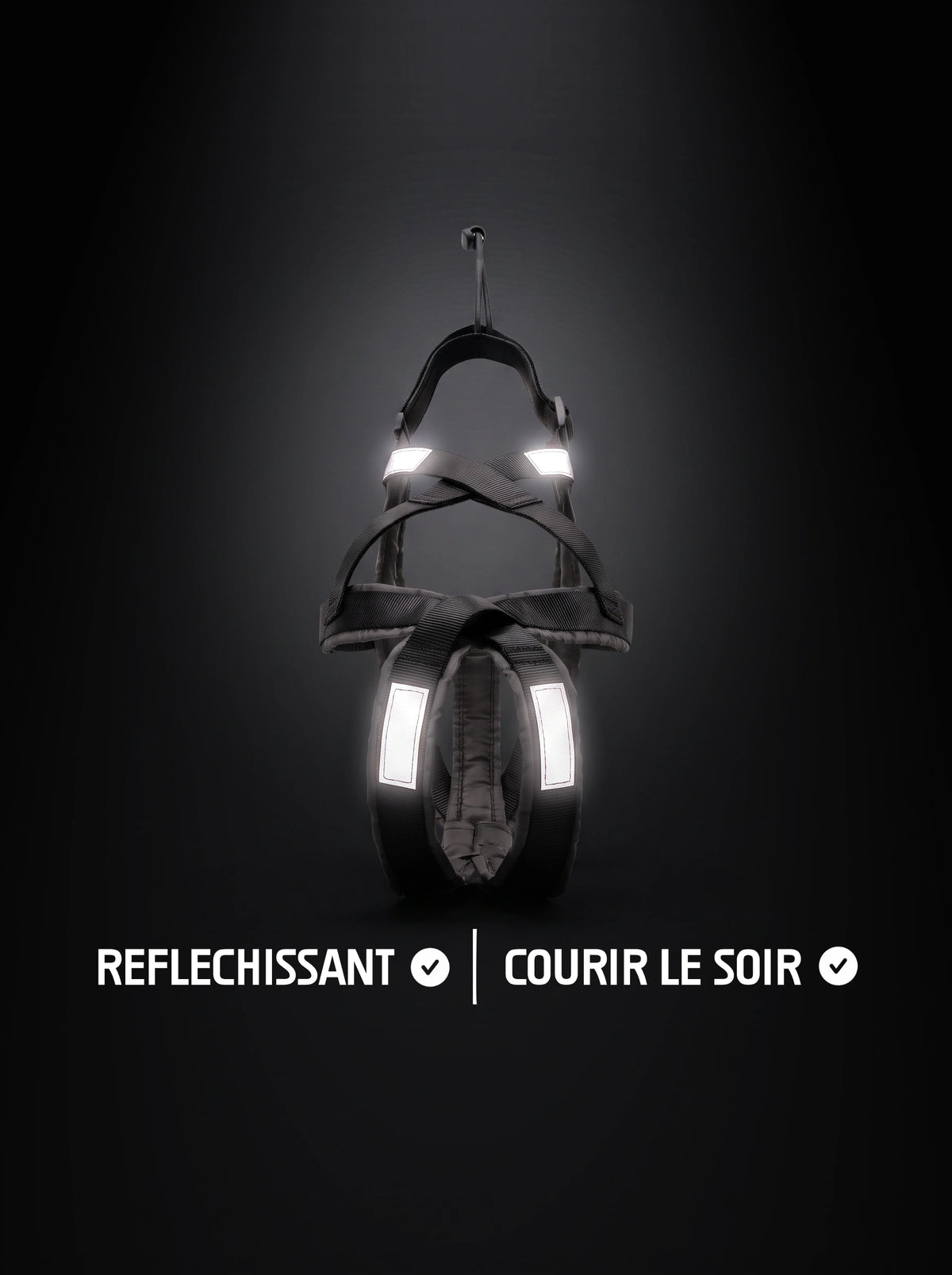 Harnais canicross chien noir avec bandes réfléchissantes qui brillent sous la lumière, pour courir le soir