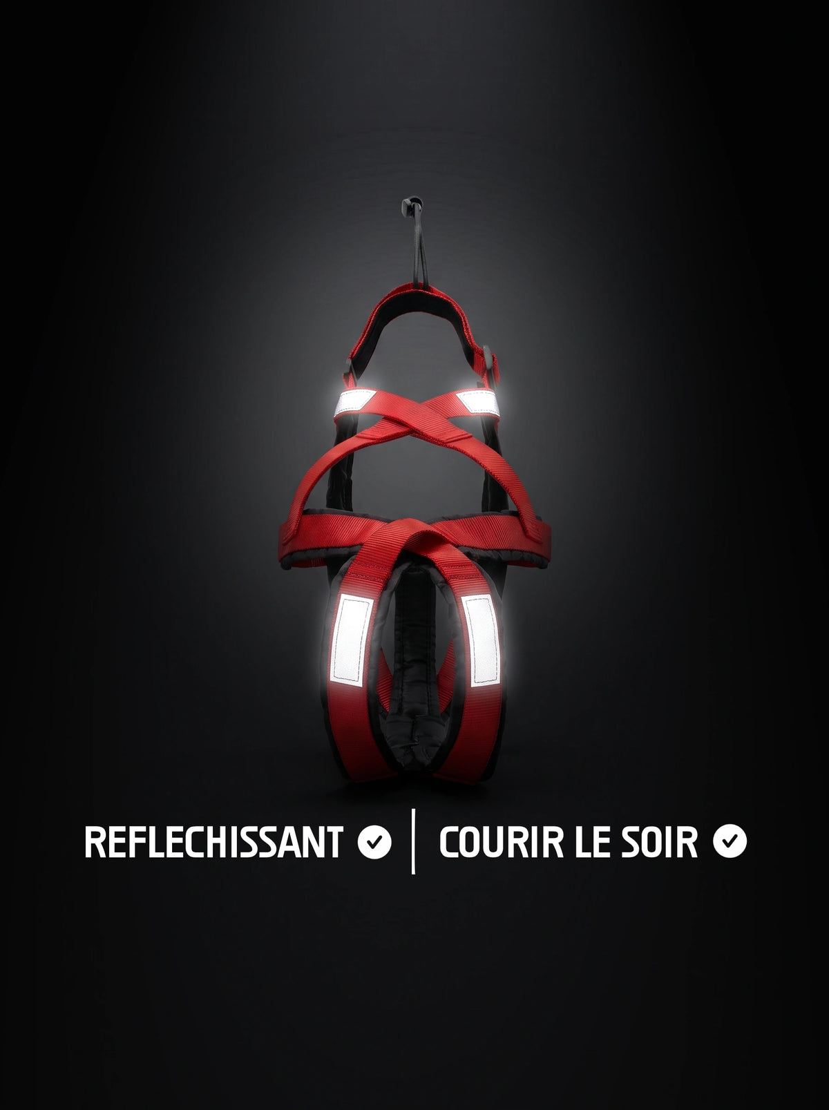 Harnais canicross chien rouge et noir avec bandes réfléchissantes qui brillent sous la lumière, pour courir le soir