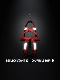 Harnais canicross chien rouge et noir avec bandes réfléchissantes qui brillent sous la lumière, pour courir le soir