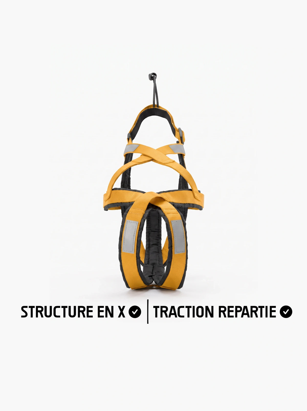Harnais canicross chien jaune avec structure en X, vue de face, bandes réfléchissantes et rembourrage