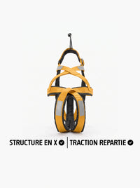 Harnais canicross chien jaune avec structure en X, vue de face, bandes réfléchissantes et rembourrage