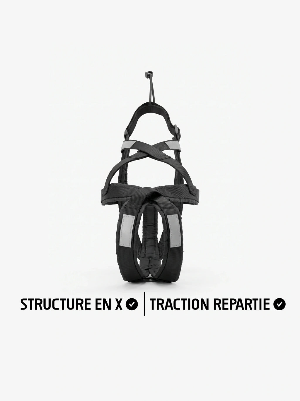 Harnais canicross chien noir avec structure en X, vue de face, bandes réfléchissantes et rembourrage