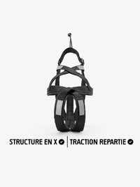 Harnais canicross chien noir avec structure en X, vue de face, bandes réfléchissantes et rembourrage