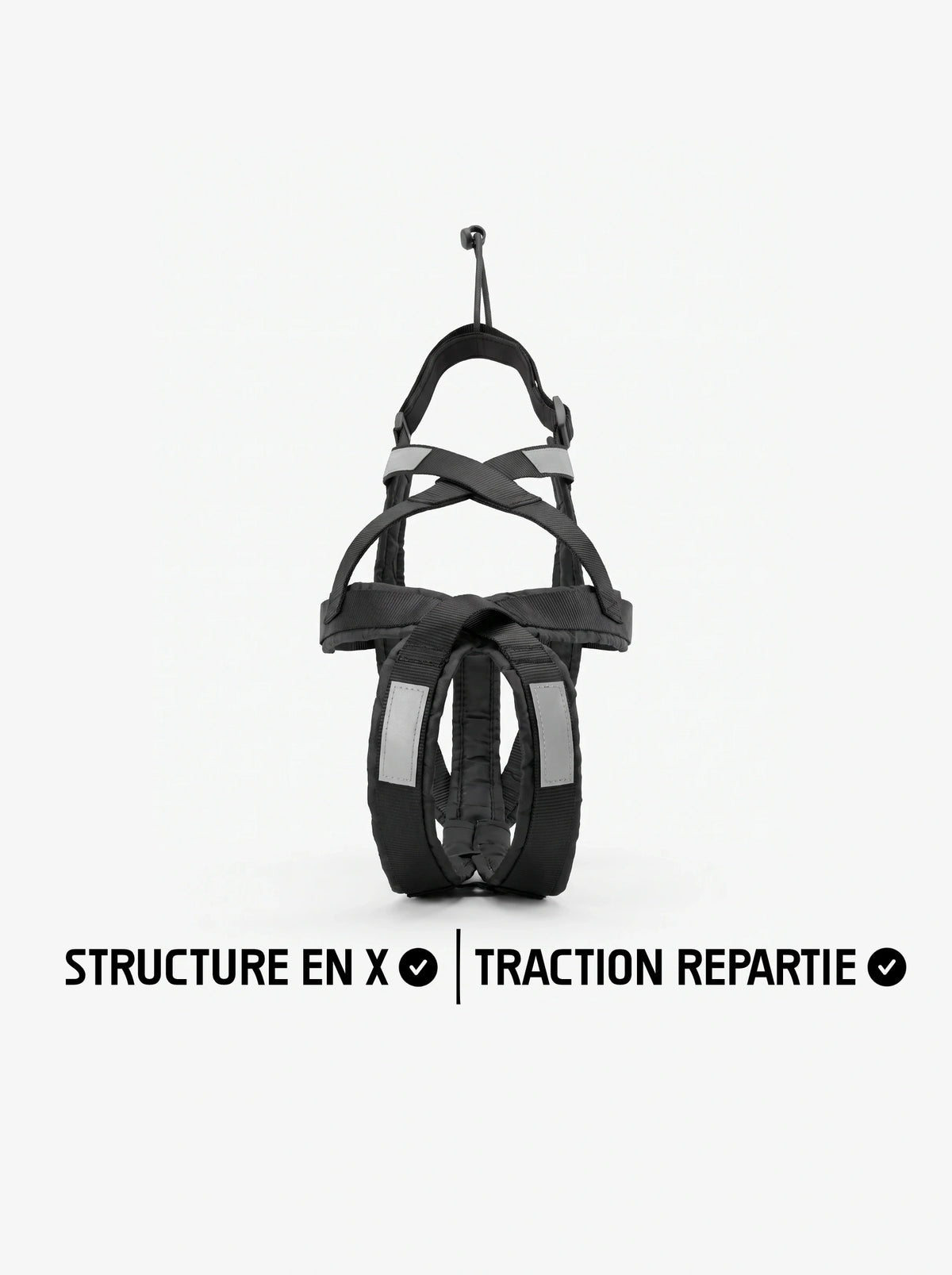 Harnais canicross chien noir avec structure en X, vue de face, bandes réfléchissantes et rembourrage