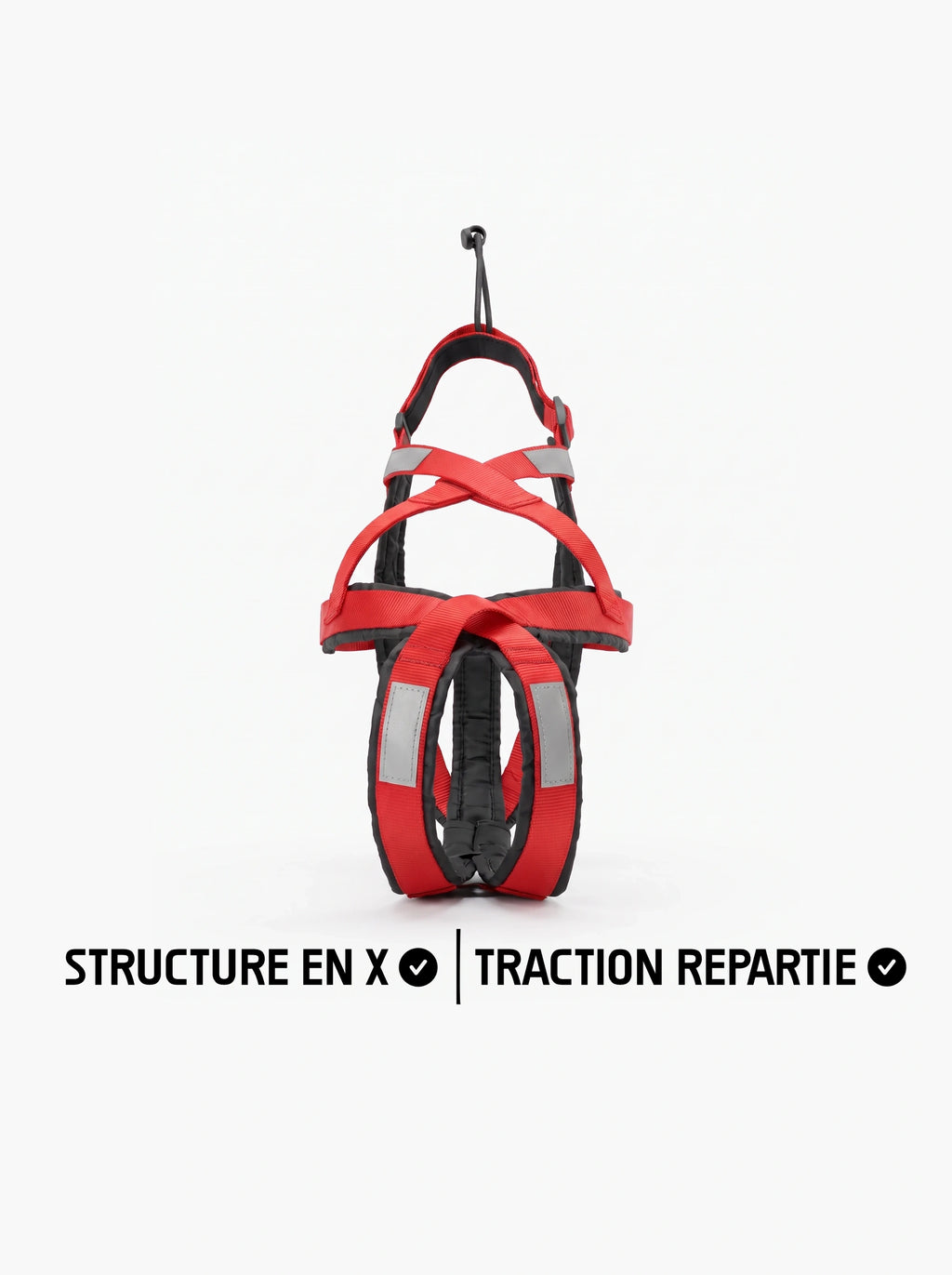 Harnais canicross chien rouge avec structure en X, vue de face, bandes réfléchissantes et rembourrage