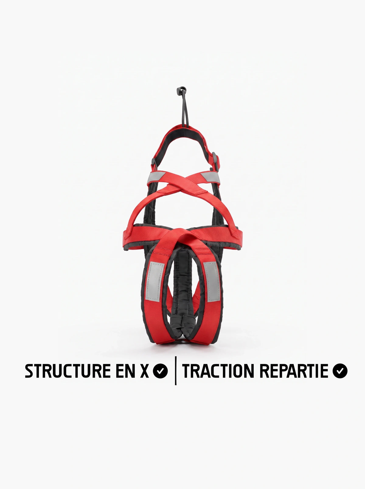 Harnais canicross chien rouge avec structure en X, vue de face, bandes réfléchissantes et rembourrage