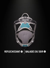 Harnais chien personnalisé gris et bleu avec bandes réfléchissantes qui brillent sous la lumière, pour les balades du soir