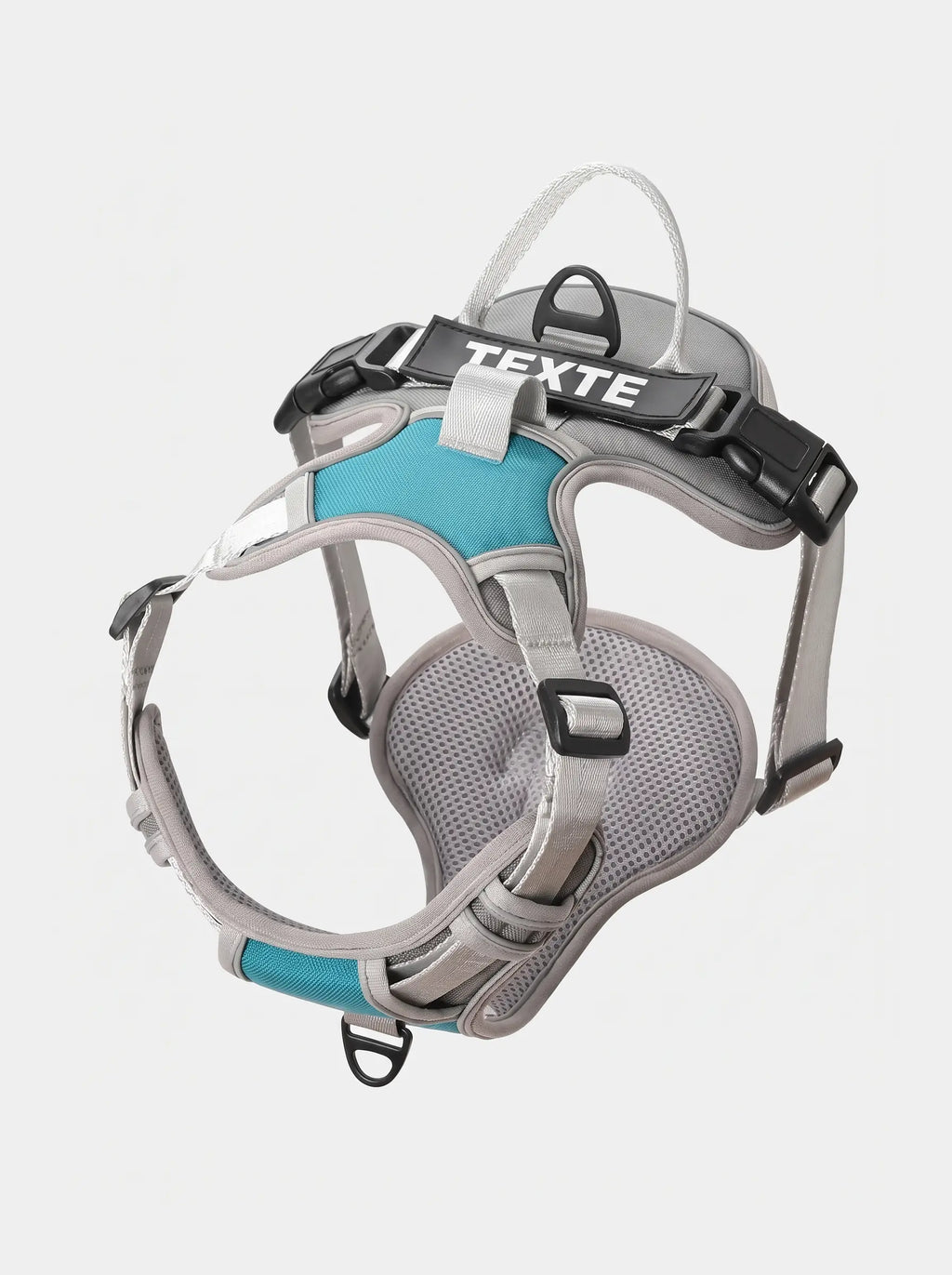 harnais personnalisé, chien bleu et gris, harnais anti-traction KARN Trace avec patch velcro personnalisable