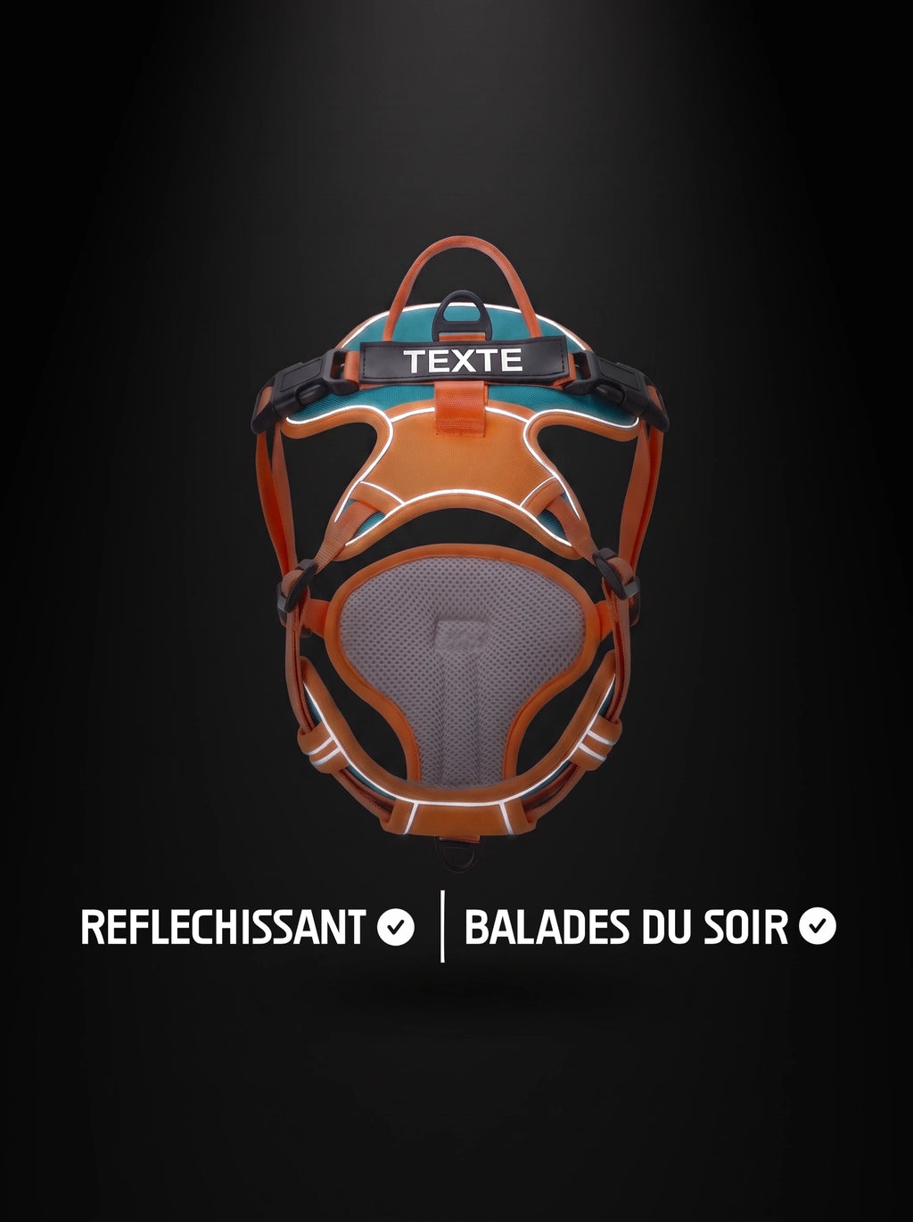 Harnais chien personnalisé orange et bleu avec bandes réfléchissantes qui brillent sous la lumière, pour les balades du soir