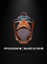 Harnais chien personnalisé orange et bleu avec bandes réfléchissantes qui brillent sous la lumière, pour les balades du soir