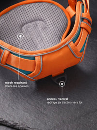 Détail mesh respirant et anneau ventral anti-traction du harnais chien orange