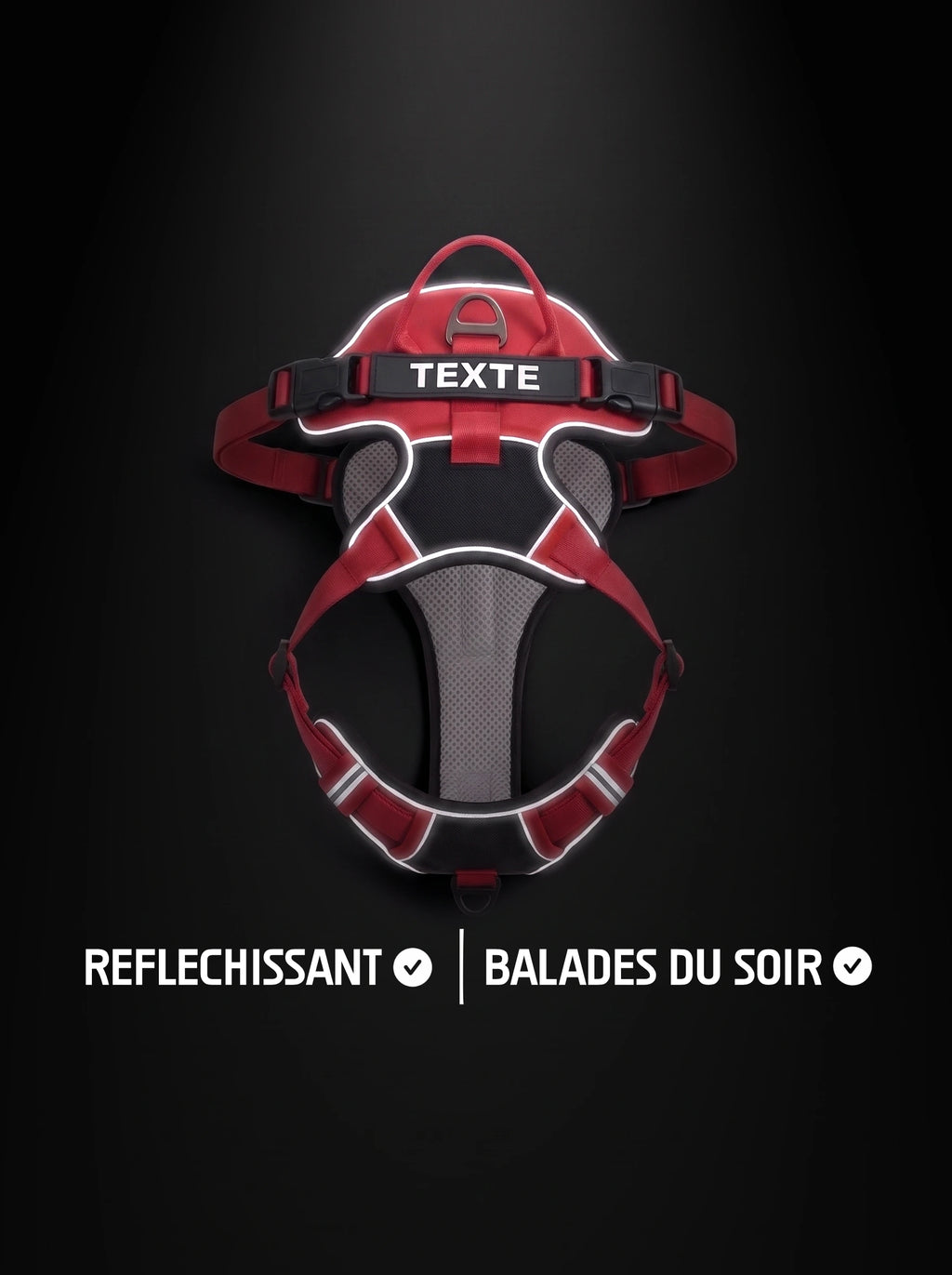 Harnais chien personnalisé rouge et noir avec bandes réfléchissantes qui brillent sous la lumière, pour les balades du soir