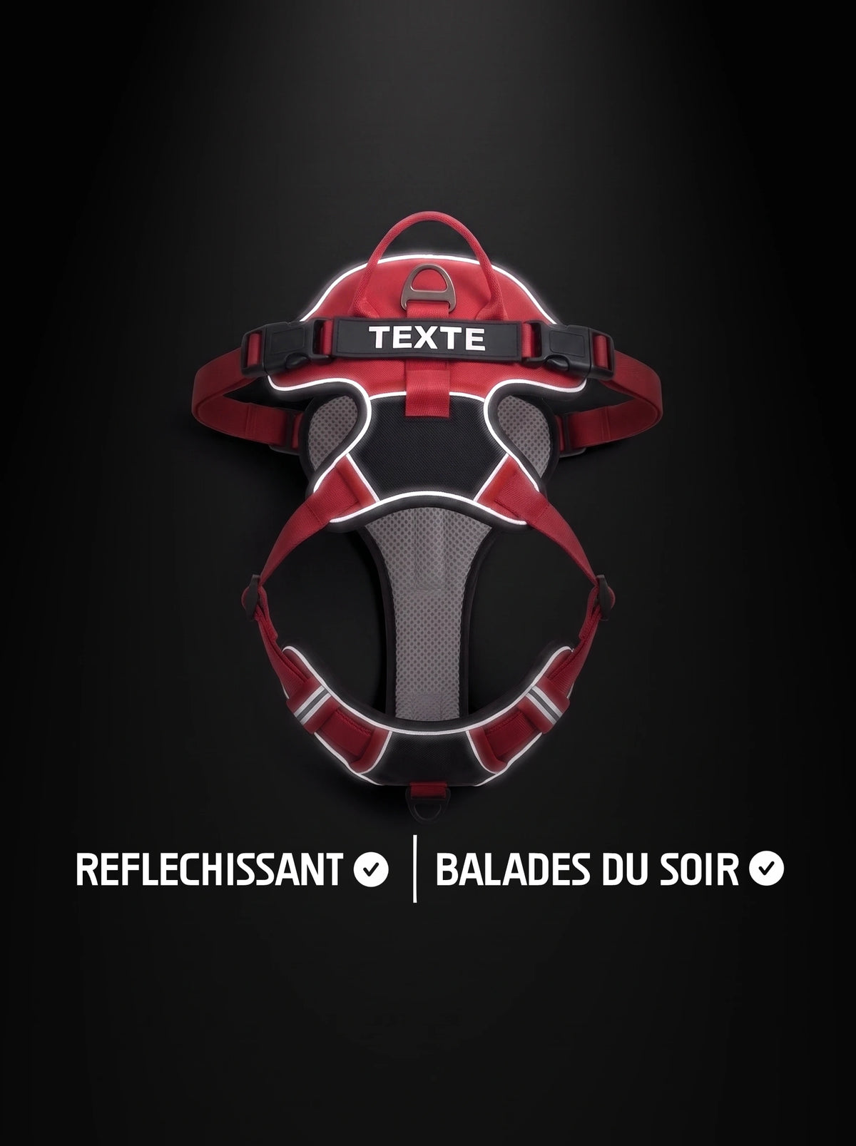 Harnais chien personnalisé rouge et noir avec bandes réfléchissantes qui brillent sous la lumière, pour les balades du soir