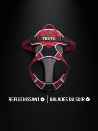 Harnais chien personnalisé rouge et noir avec bandes réfléchissantes qui brillent sous la lumière, pour les balades du soir