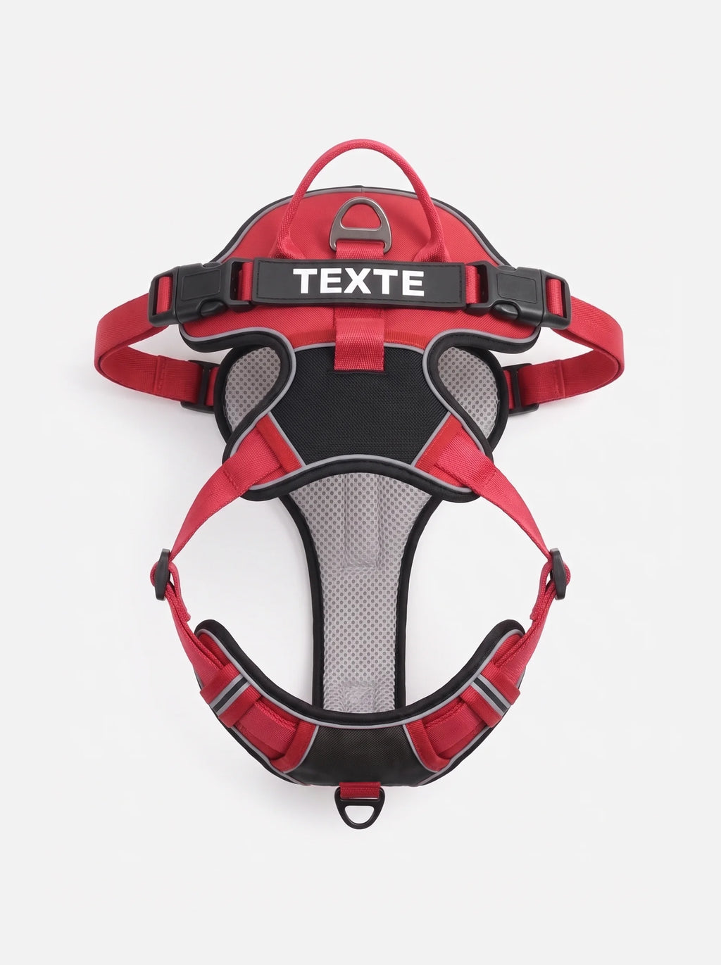 harnais personnalisé, chien rouge et noir, harnais anti-traction KARN Trace avec patch velcro personnalisable