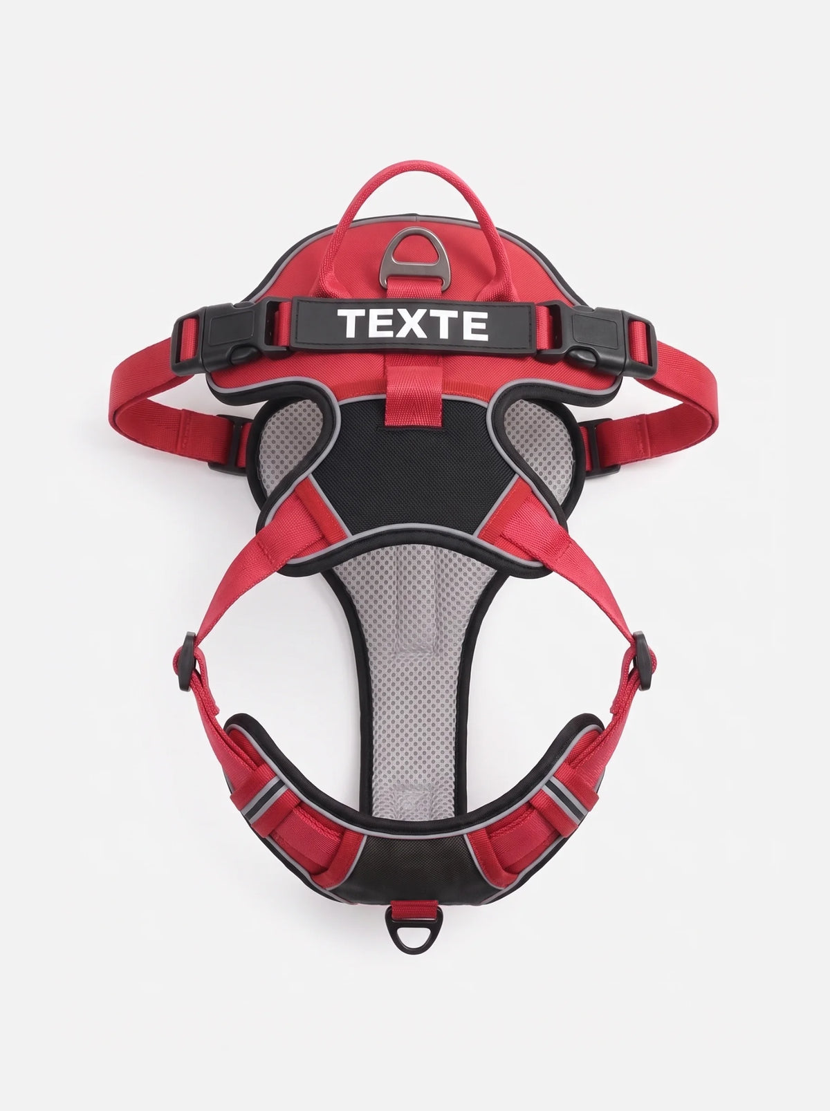 harnais personnalisé, chien rouge et noir, harnais anti-traction KARN Trace avec patch velcro personnalisable