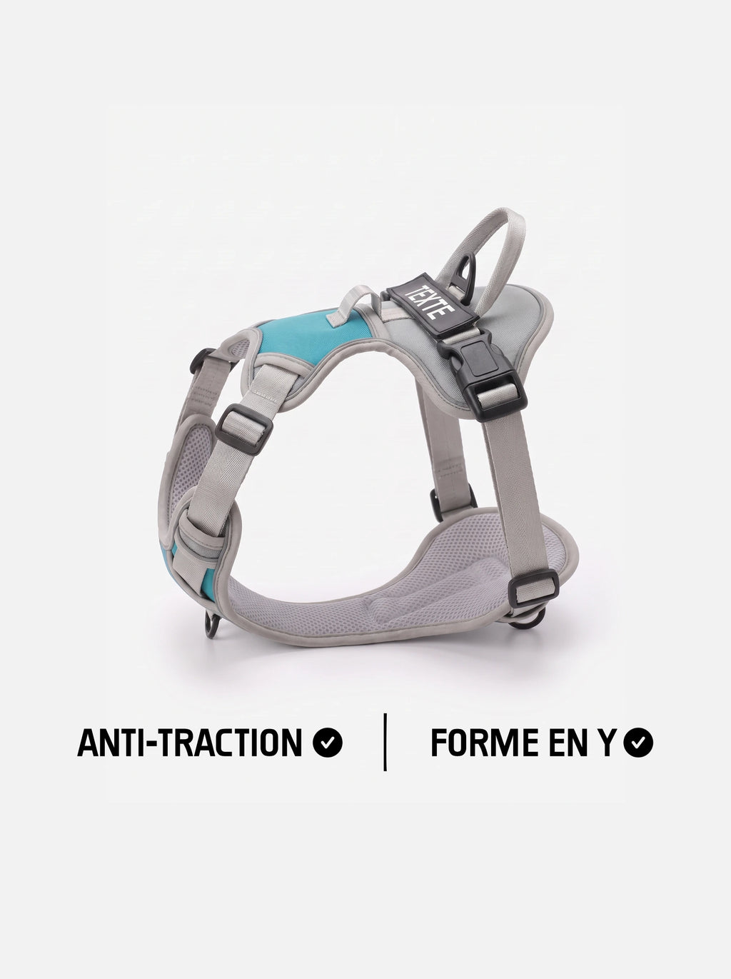 Harnais personnalisé chien anti-traction KARN Trace gris et bleu, forme en Y avec patch personnalisable sur la poignée dorsale et clip frontal
