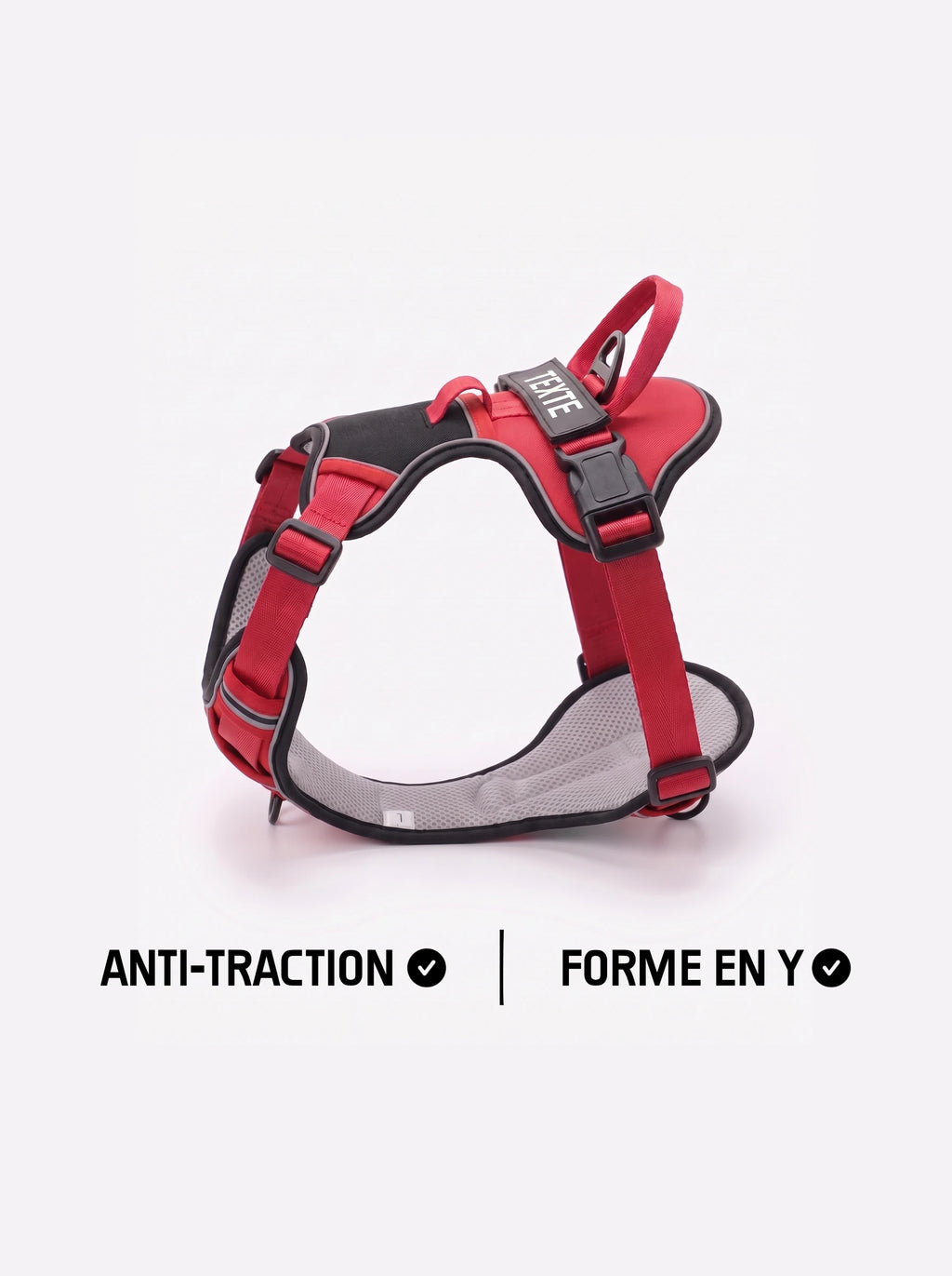 Harnais personnalisé chien anti-traction KARN Trace rouge et noir, forme en Y avec patch personnalisable sur la poignée dorsale et clip frontal