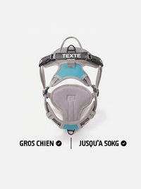 Harnais personnalisé pour gros chien jusqu'à 50 kg KARN Trace gris et bleu, vue à plat avec patch personnalisable, poignée dorsale et plastron en maille