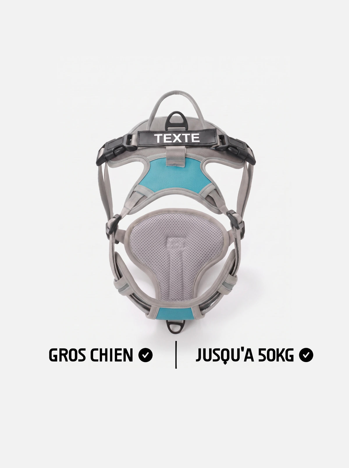 Harnais personnalisé pour gros chien jusqu'à 50 kg KARN Trace gris et bleu, vue à plat avec patch personnalisable, poignée dorsale et plastron en maille