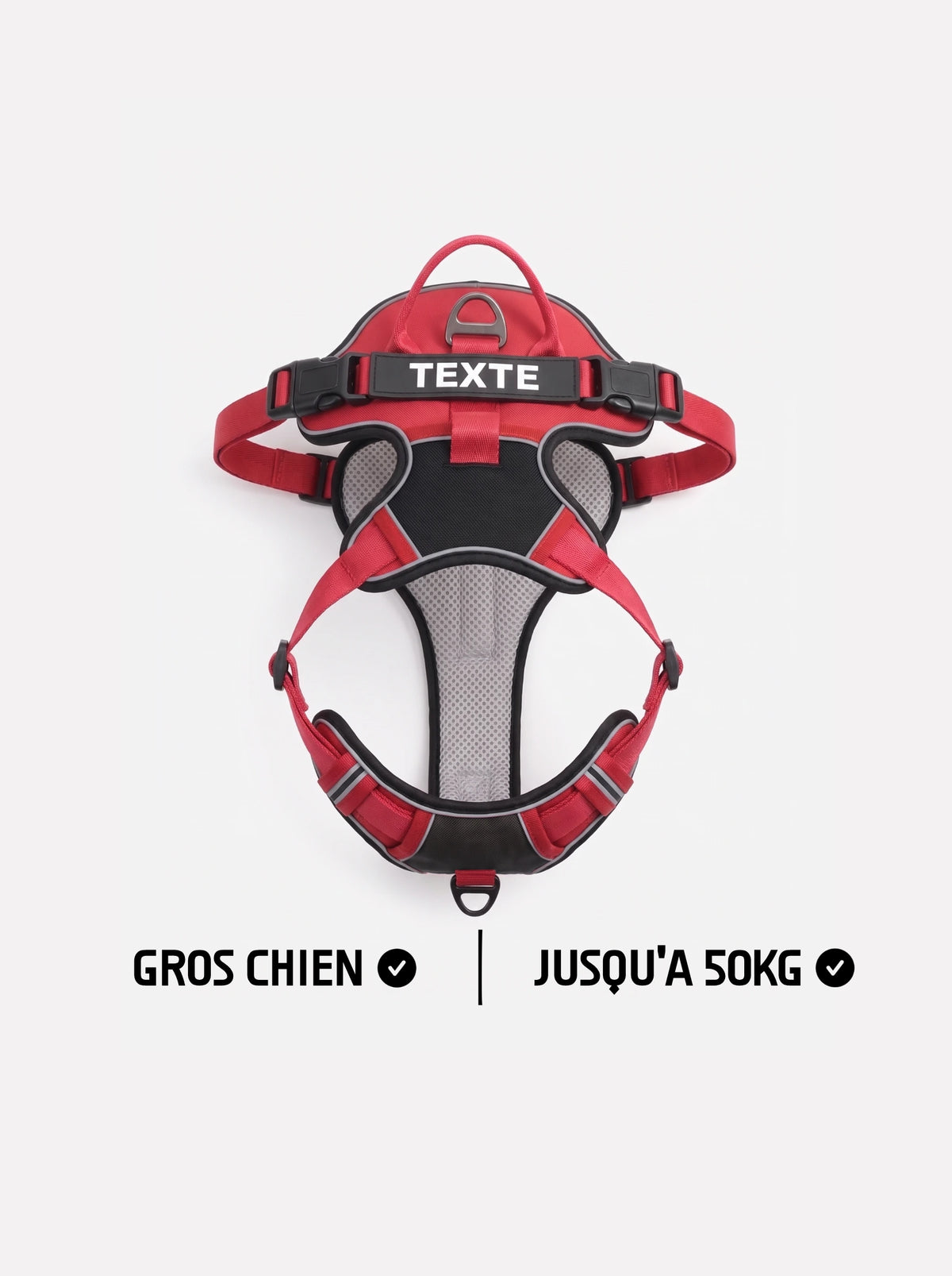 Harnais personnalisé pour gros chien jusqu'à 50 kg KARN Trace rouge et noir, vue à plat avec patch personnalisable, poignée dorsale et plastron en maille