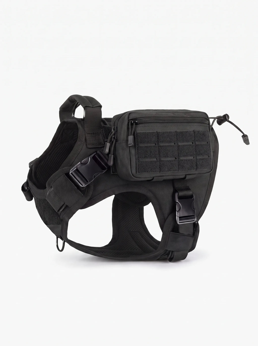 Harnais tactique chien noir avec pochette tactique MOLLE, vue de profil, panneau velcro MOLLE tourné vers l'extérieur