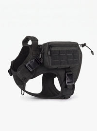 Harnais tactique chien noir avec pochette tactique MOLLE, vue de profil, panneau velcro MOLLE tourné vers l'extérieur