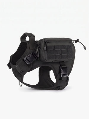 Harnais tactique chien noir avec pochette tactique MOLLE, vue de profil, panneau velcro MOLLE tourné vers l'extérieur