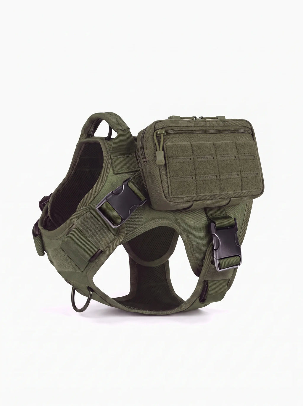 Harnais tactique chien vert avec pochette tactique MOLLE, vue de profil, panneau velcro MOLLE tourné vers l'extérieur
