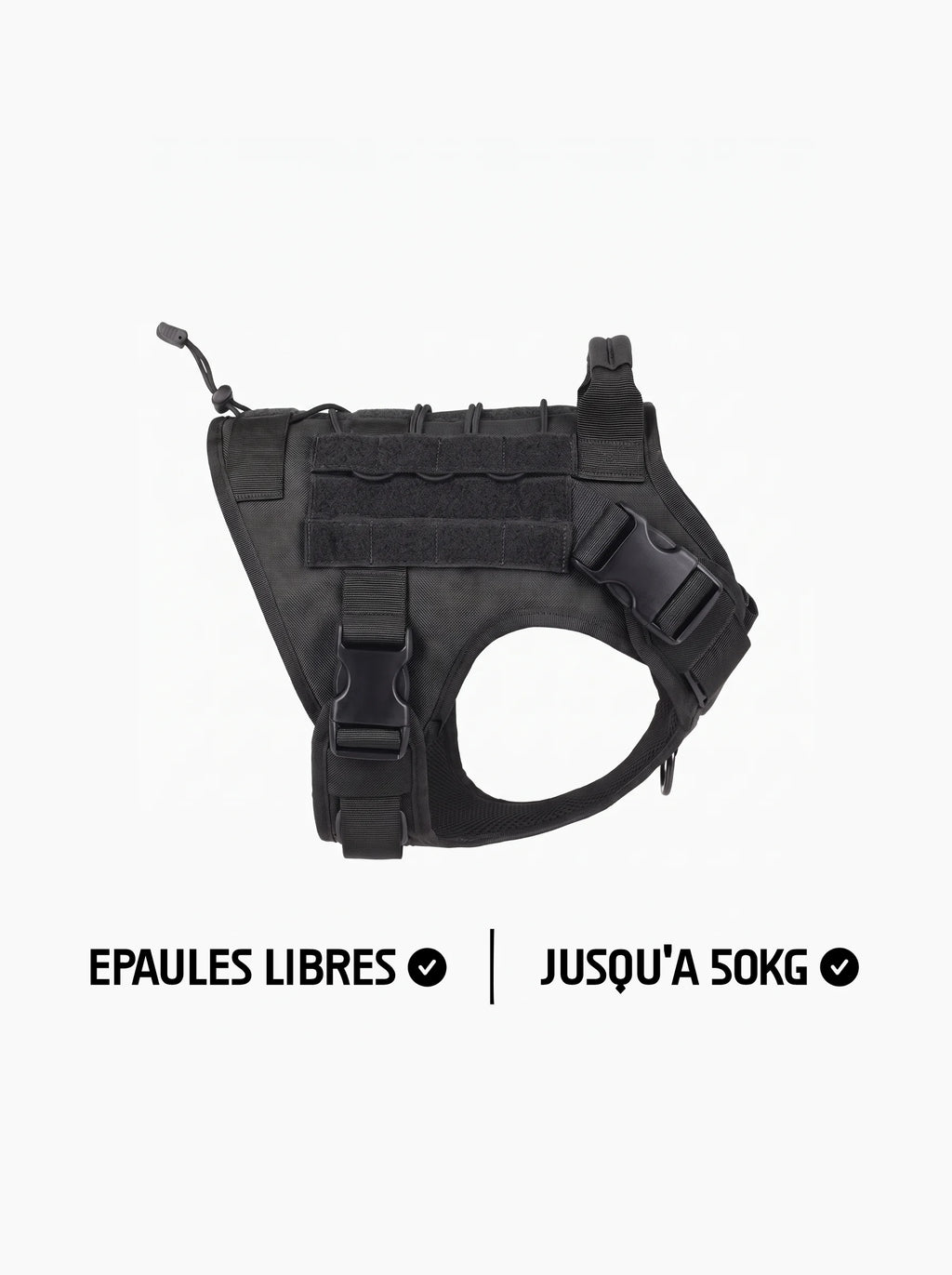 Harnais tactique chien noir vu de profil, gilet ajustable avec panneaux MOLLE en velcro et boucles de réglage