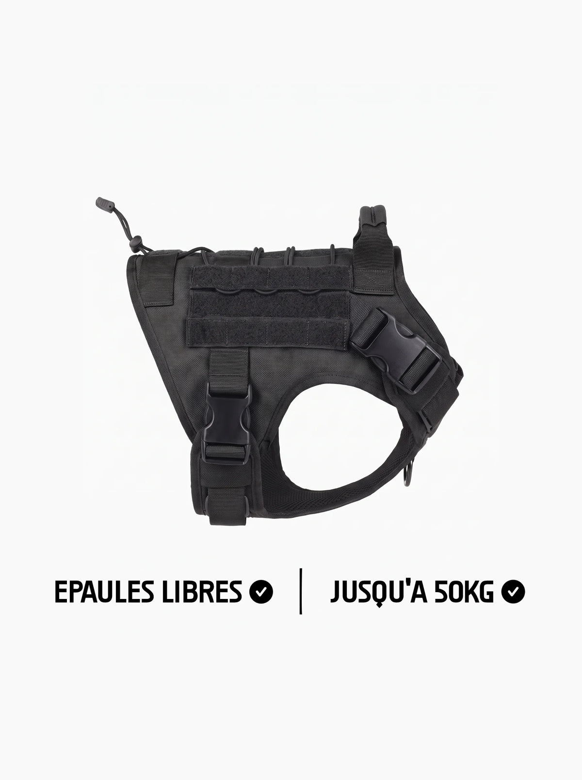 Harnais tactique chien noir vu de profil, gilet ajustable avec panneaux MOLLE en velcro et boucles de réglage