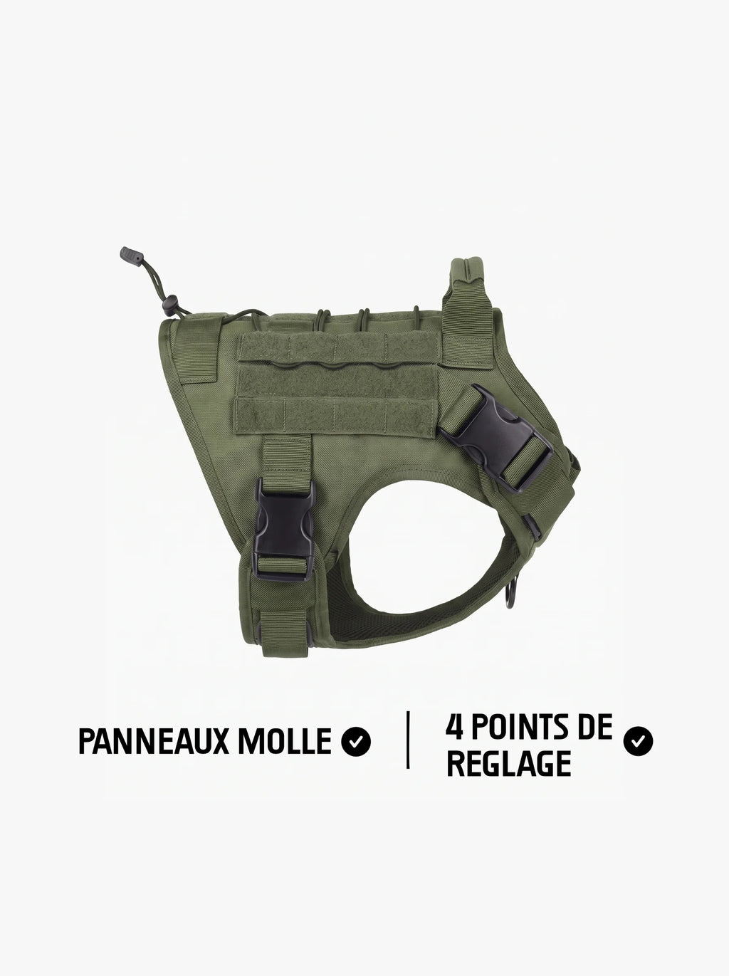 Harnais tactique chien vert vu de profil, gilet ajustable avec panneaux MOLLE en velcro et boucles de réglage
