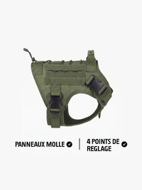 Harnais tactique chien vert vu de profil, gilet ajustable avec panneaux MOLLE en velcro et boucles de réglage
