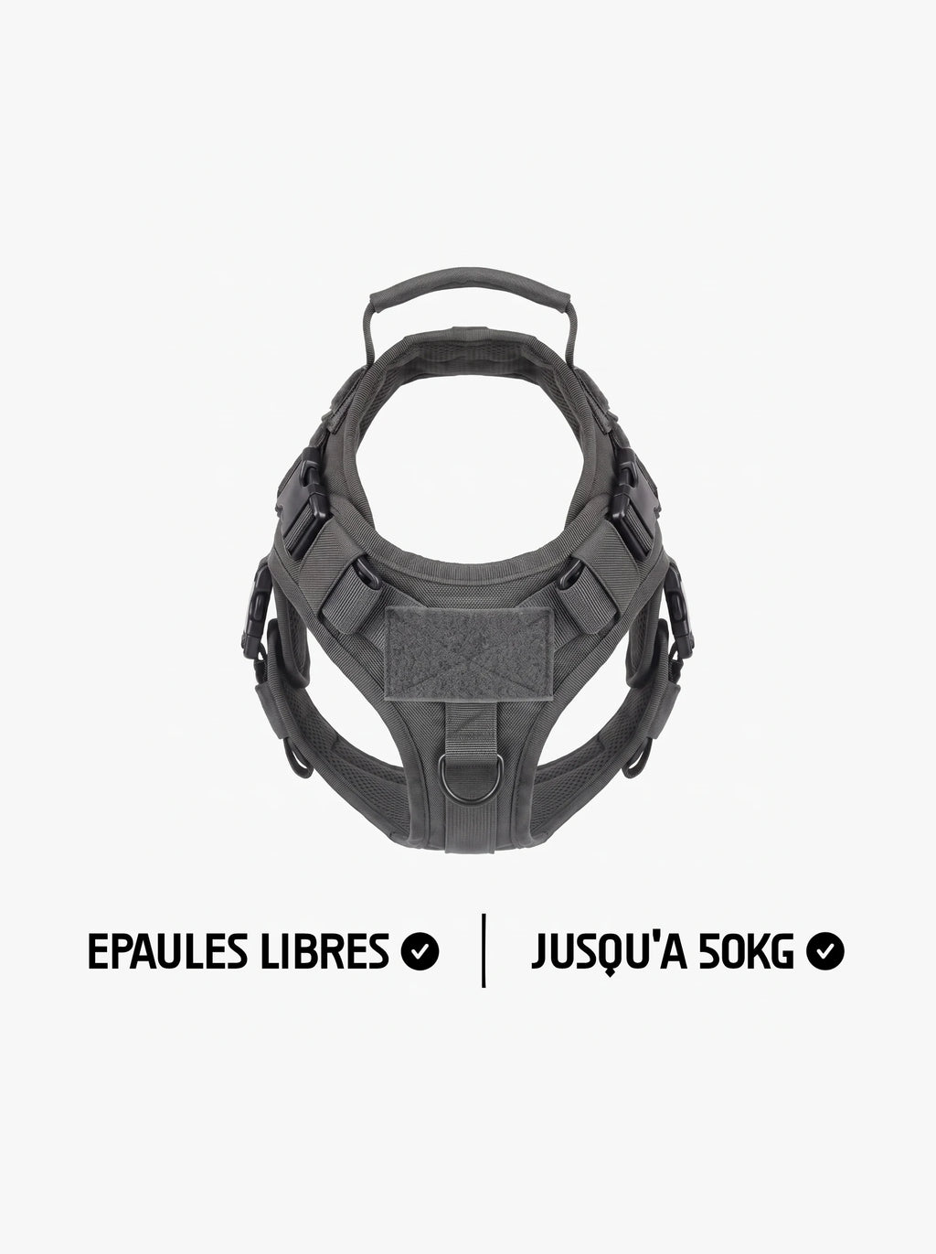 Harnais tactique chien gris pour gros chien, gilet avec épaules libres, panneau velcro, poignée dorsale et boucles de réglage