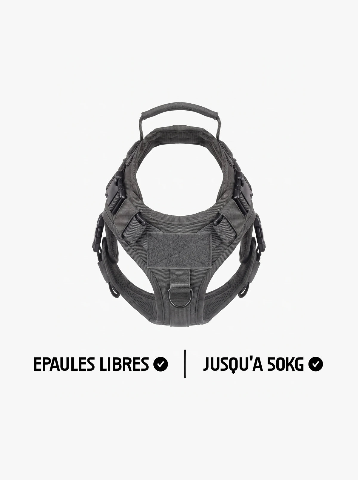 Harnais tactique chien gris pour gros chien, gilet avec épaules libres, panneau velcro, poignée dorsale et boucles de réglage